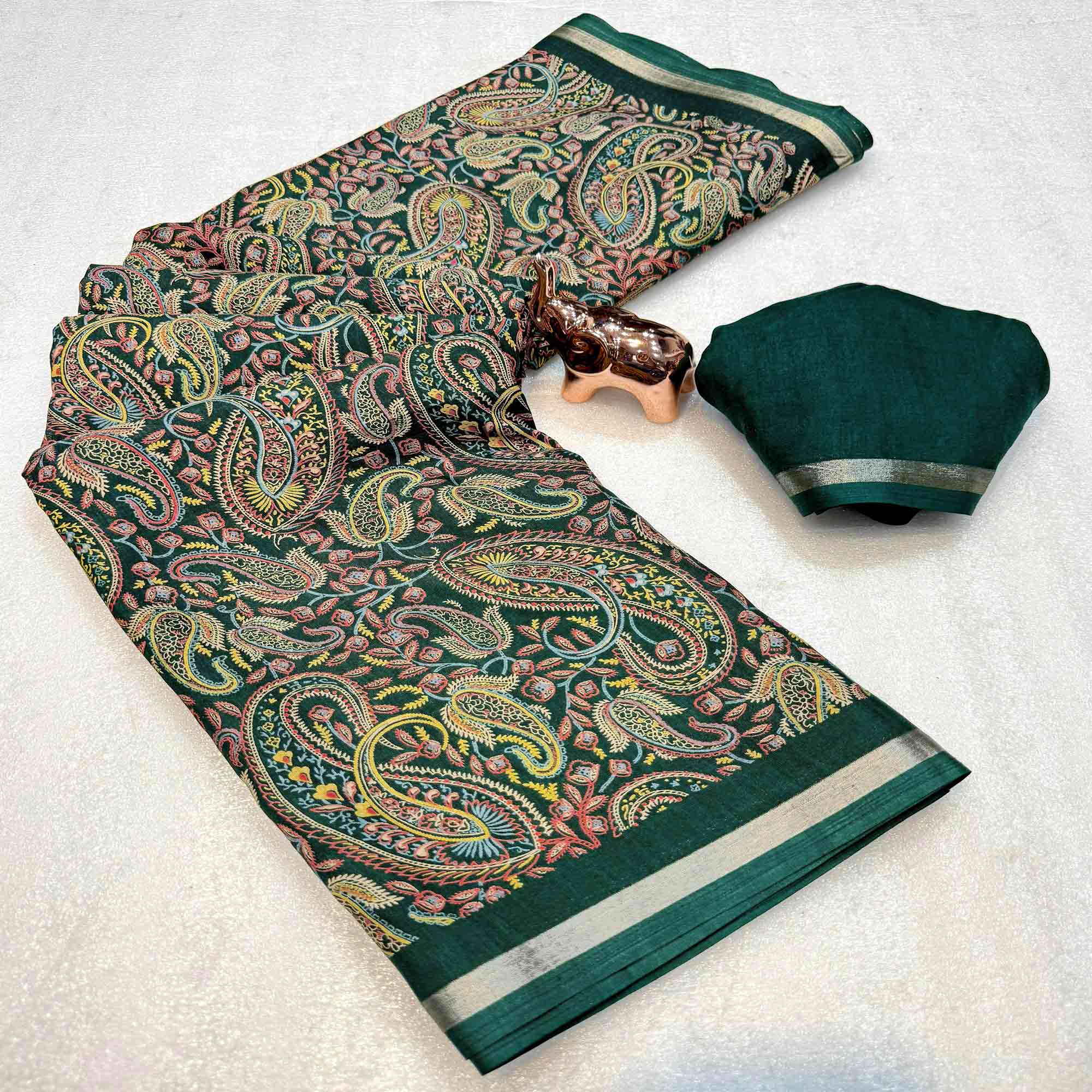 Classic Green Tussar Silk Blend Saree Adorned With Elegant Paisley & Floral Kashmiri Prints