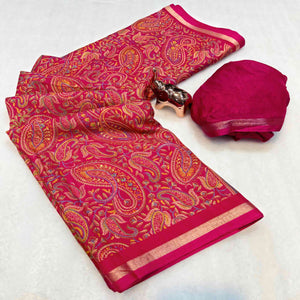 Classic Pink Tussar Silk Blend Saree Adorned With Elegant Paisley & Floral Kashmiri Prints
