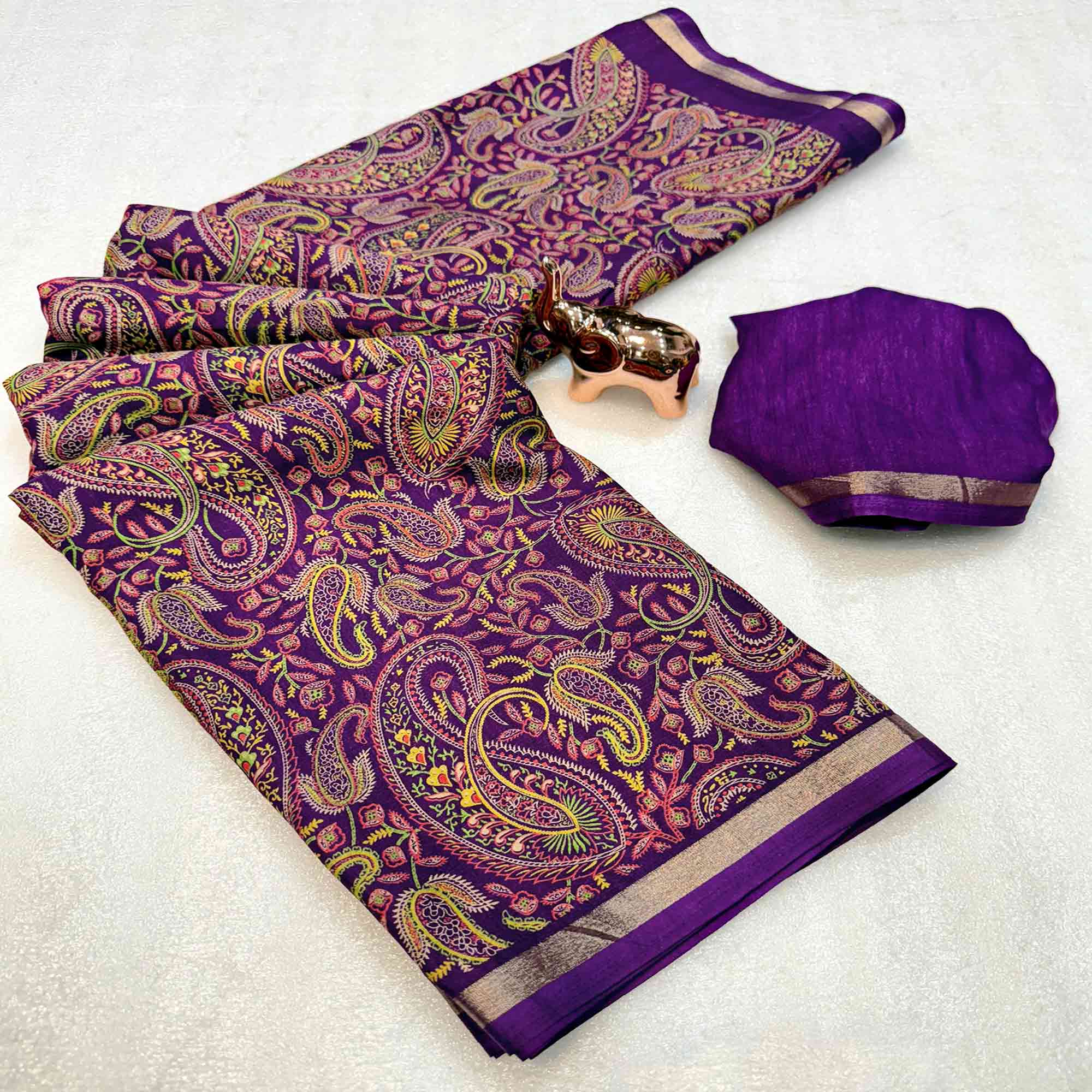 Classic Purple Tussar Silk Blend Saree Adorned With Elegant Paisley & Floral Kashmiri Prints