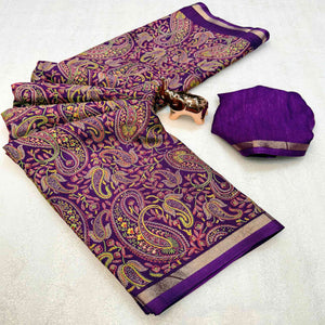 Classic Purple Tussar Silk Blend Saree Adorned With Elegant Paisley & Floral Kashmiri Prints