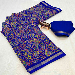 Classic Royal Blue Tussar Silk Blend Saree Adorned With Elegant Paisley & Floral Kashmiri Prints