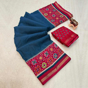 Blue Kashmiri Print Tussar Silk Blend Saree With Intricate Rich Pallu & Lustrous Golden Border