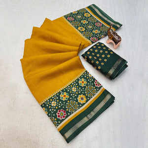 Mustard Kashmiri Print Tussar Silk Blend Saree With Intricate Rich Pallu & Lustrous Golden Border