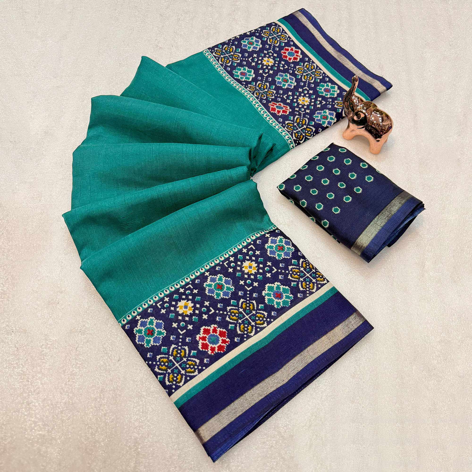 Teal Kashmiri Print Tussar Silk Blend Saree With Intricate Rich Pallu & Lustrous Golden Border
