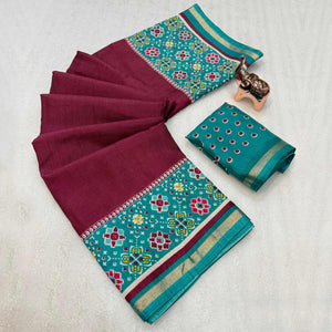 Wine Kashmiri Print Tussar Silk Blend Saree With Intricate Rich Pallu & Lustrous Golden Border