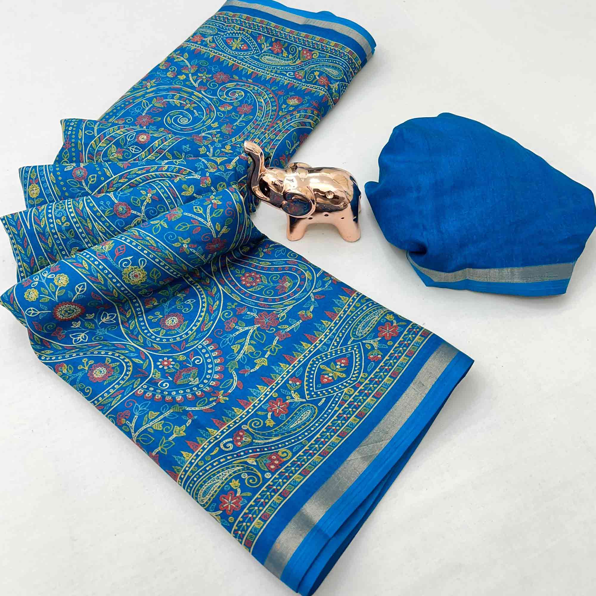 Blue Floral Printed Dola Kashmiri Dola Silk Saree Highlighted With Rich Golden Zari Border