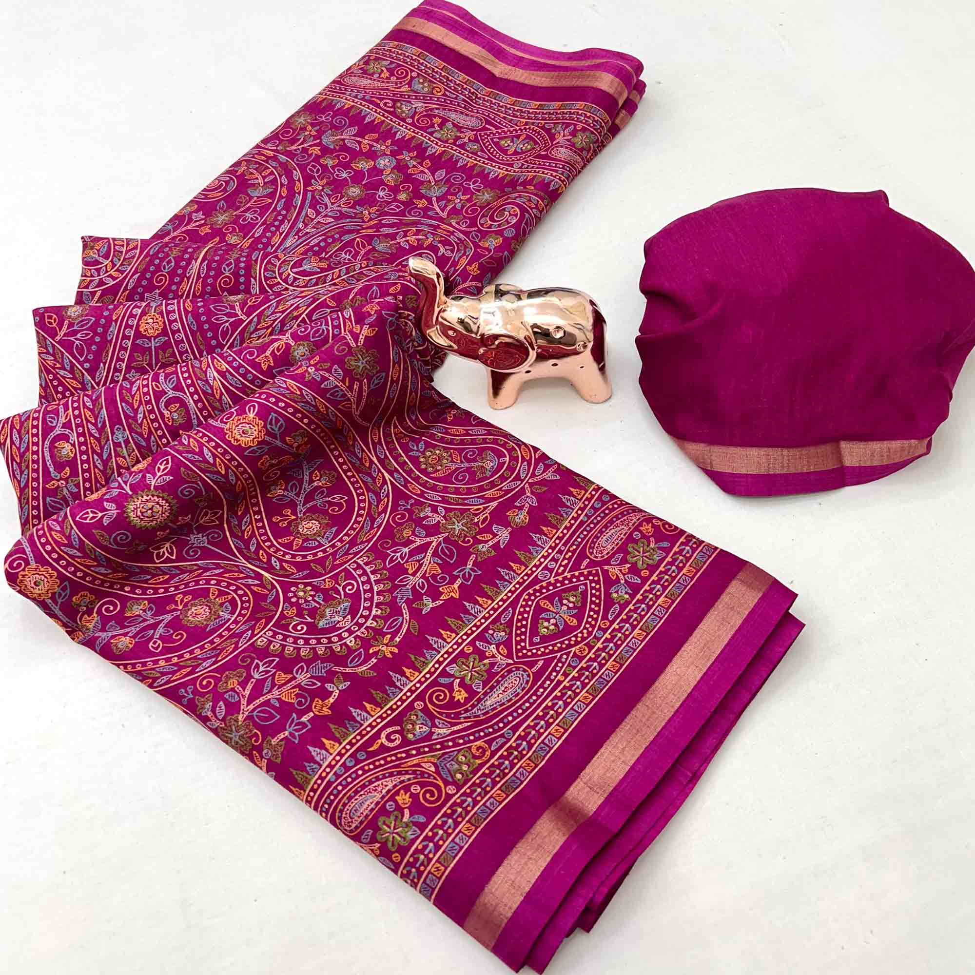 Dark Magenta Floral Printed Dola Kashmiri Dola Silk Saree Highlighted With Rich Golden Zari Border