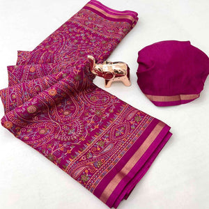 Dark Magenta Floral Printed Dola Kashmiri Dola Silk Saree Highlighted With Rich Golden Zari Border