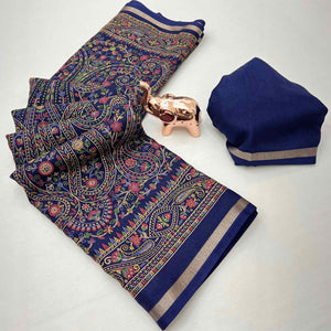 Navy Blue Floral Printed Dola Kashmiri Dola Silk Saree Highlighted With Rich Golden Zari Border