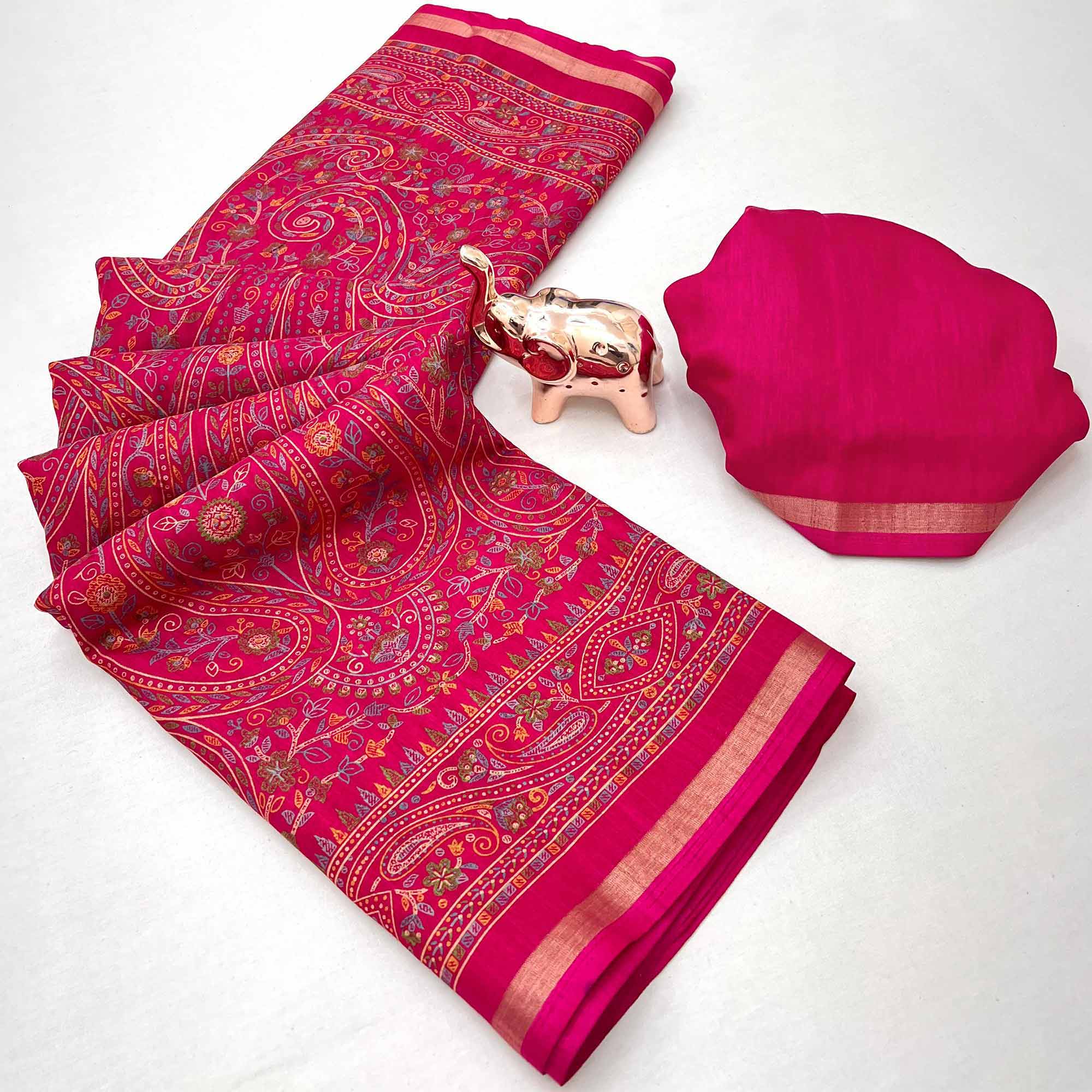 Pink Floral Printed Dola Kashmiri Dola Silk Saree Highlighted With Rich Golden Zari Border