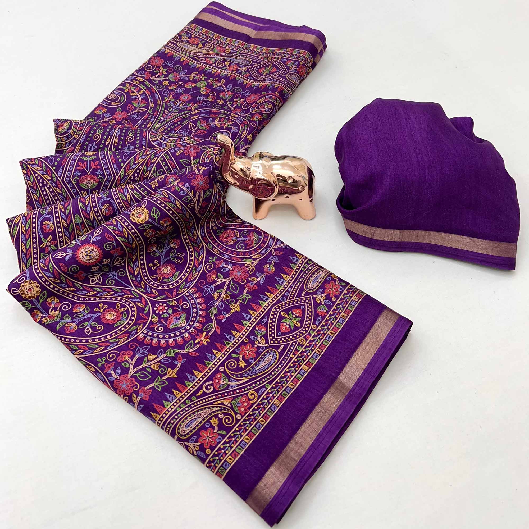 Purple Floral Printed Dola Kashmiri Dola Silk Saree Highlighted With Rich Golden Zari Border