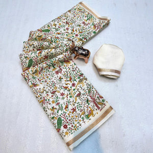 Cream Tussar Silk Blend Saree with Intricate Floral & Bird Kashmiri Print & Zari Border