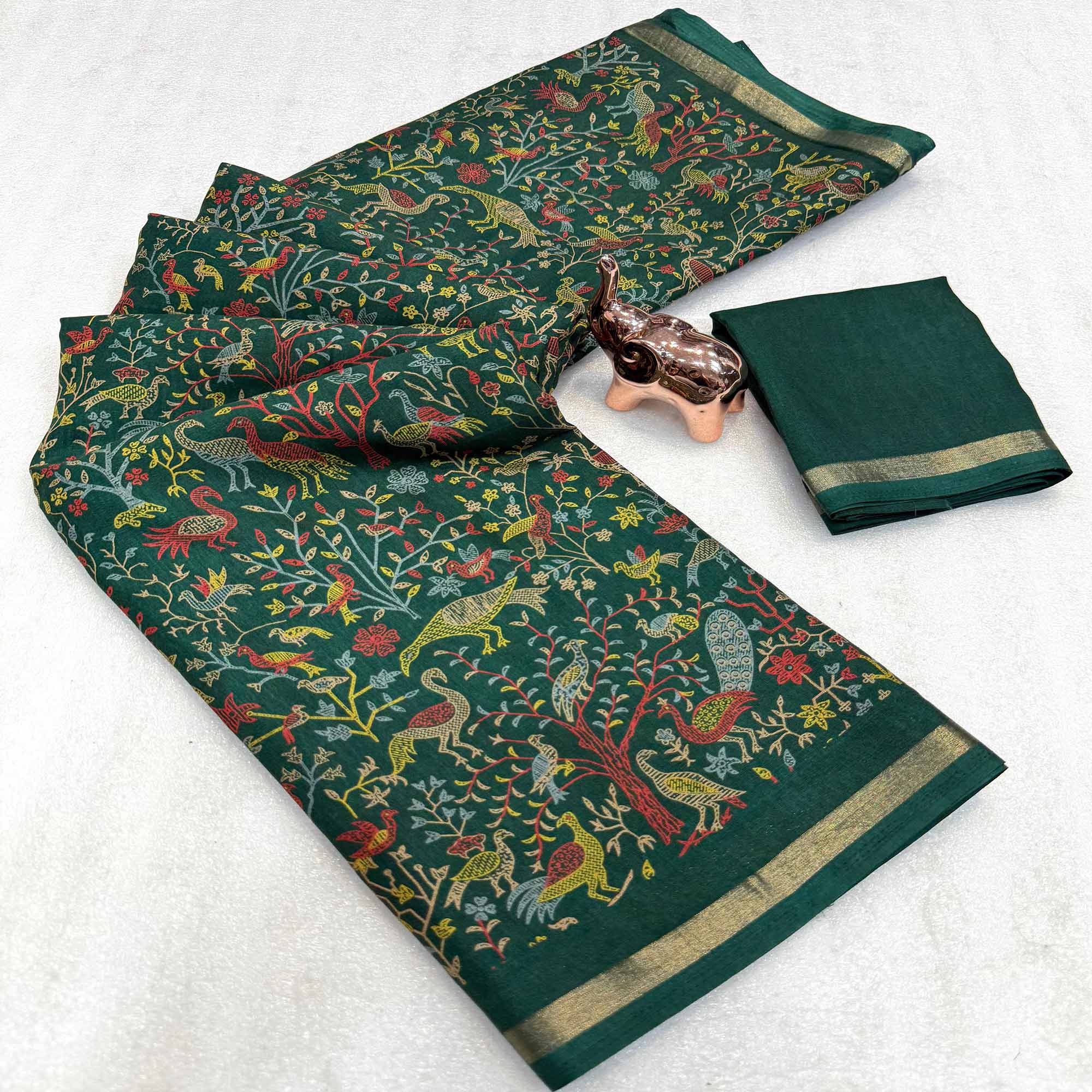 Green Tussar Silk Blend Saree with Intricate Floral & Bird Kashmiri Print & Elegant Zari Border