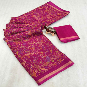 Dark Magenta Tussar Silk Blend Saree with Intricate Floral & Bird Kashmiri Print & Zari Border