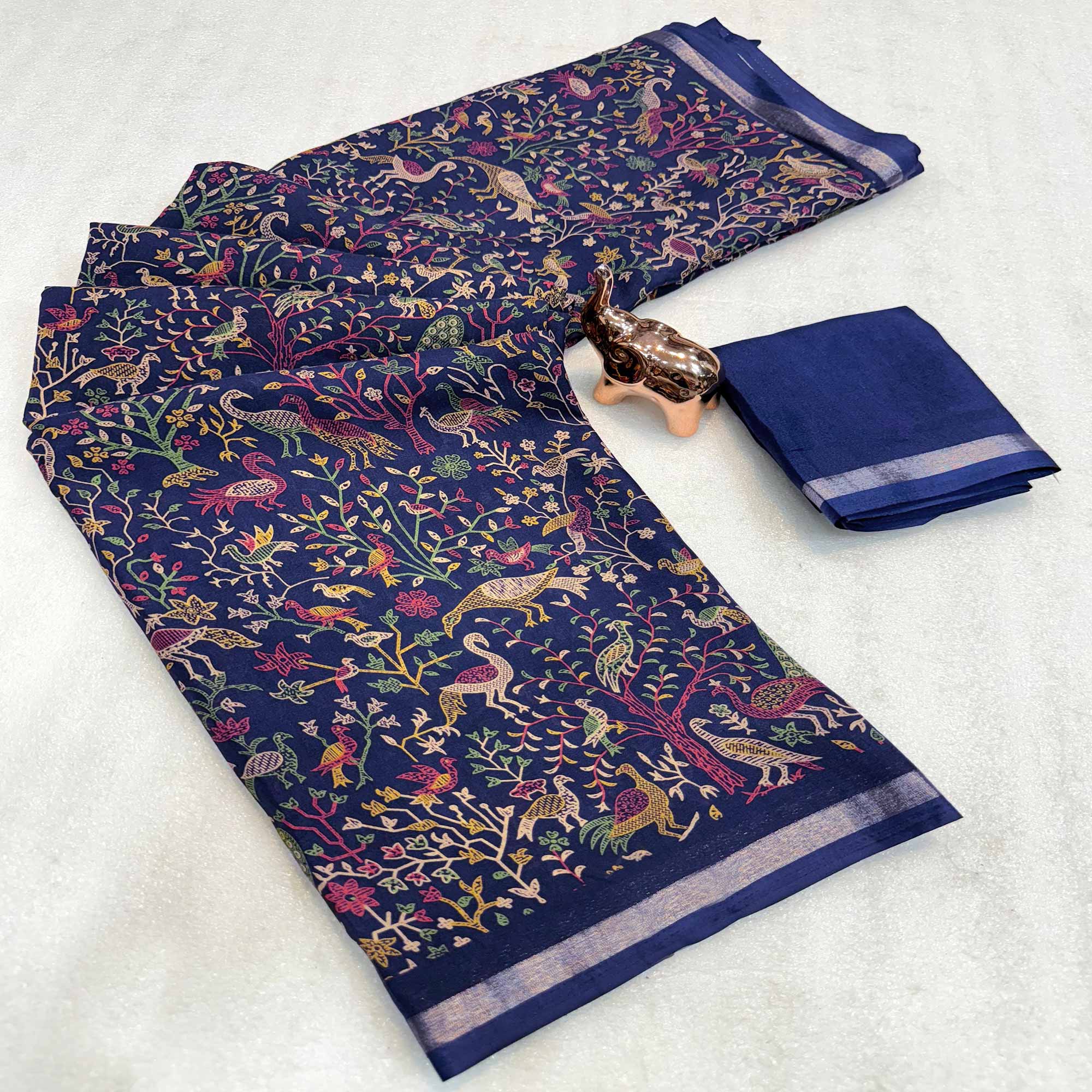 Navy Blue Tussar Silk Blend Saree with Intricate Floral & Bird Kashmiri Print & Elegant Zari Border