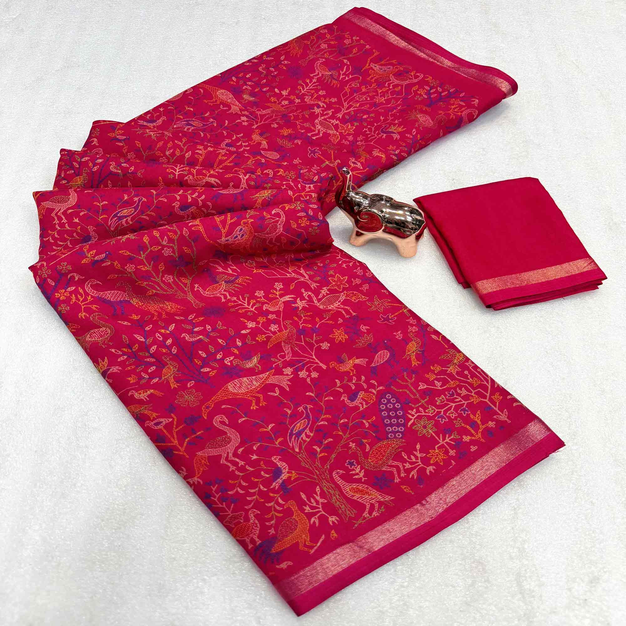 Pink Tussar Silk Blend Saree with Intricate Floral & Bird Kashmiri Print & Elegant Zari Border