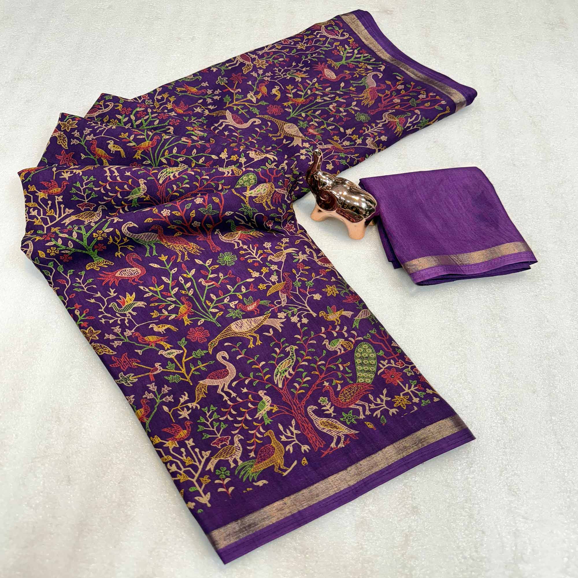 Purple Tussar Silk Blend Saree with Intricate Floral & Bird Kashmiri Print & Elegant Zari Border