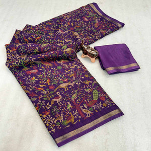 Purple Tussar Silk Blend Saree with Intricate Floral & Bird Kashmiri Print & Elegant Zari Border