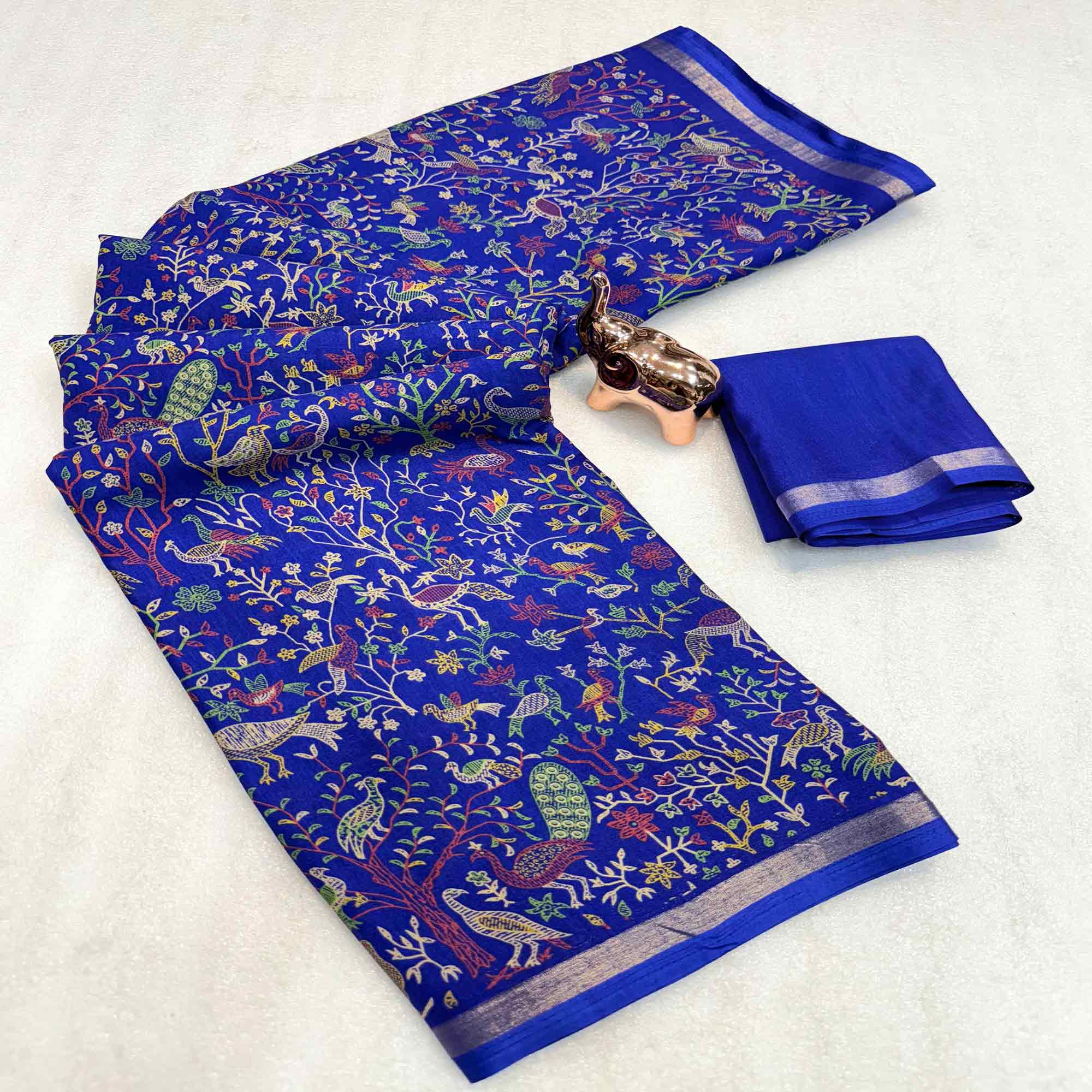 Royal Blue Tussar Silk Blend Saree with Intricate Floral & Bird Kashmiri Print & Zari Border