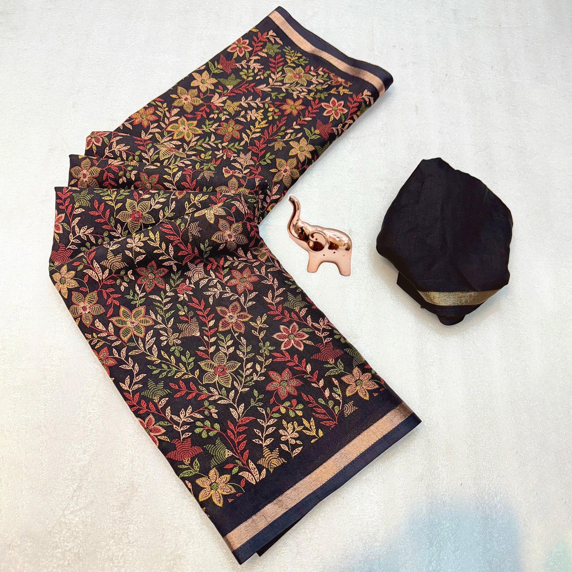 Black Kashmiri Inspired Floral Printed Tussar Silk Saree for Ethnic Occasions