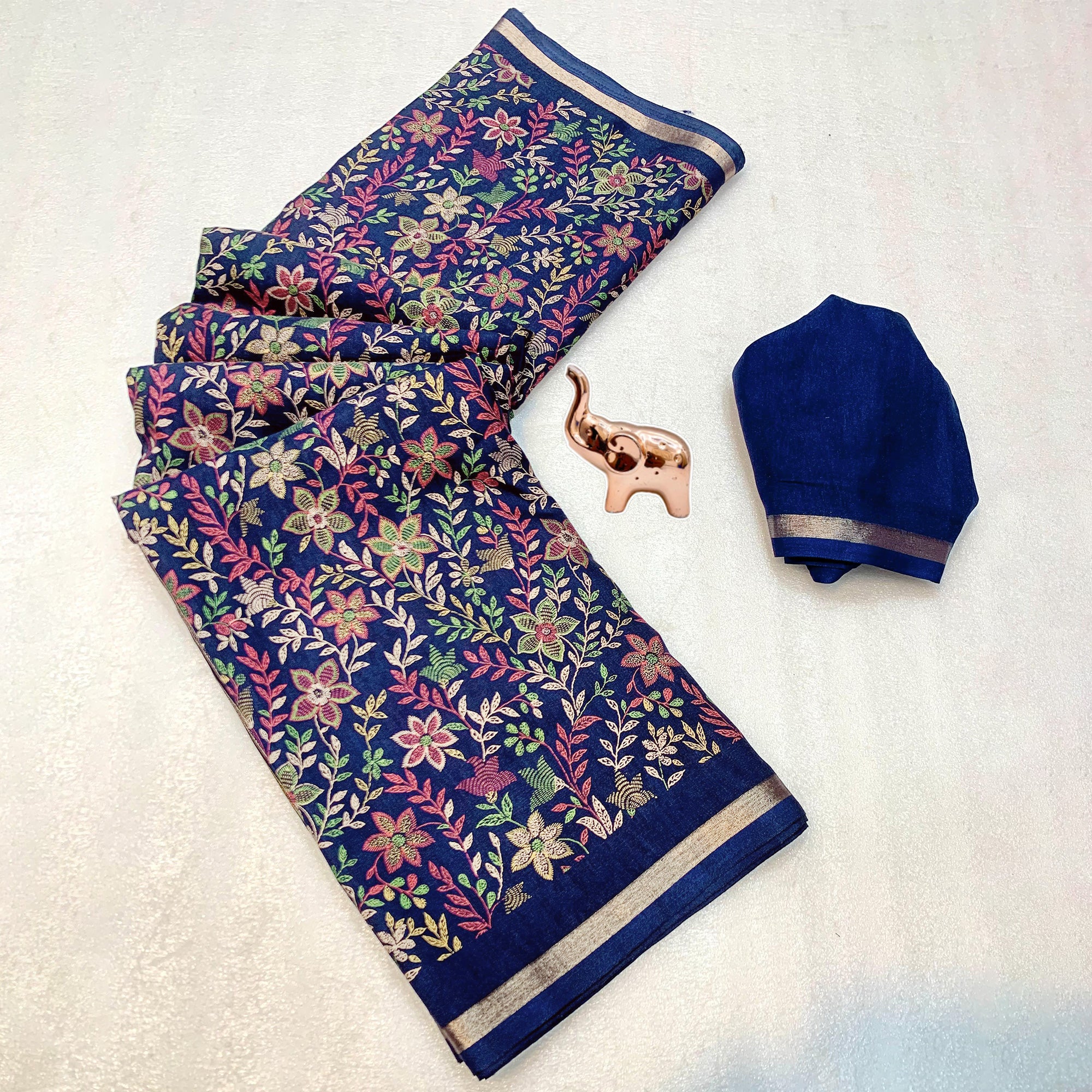 Navy Blue Kashmiri Inspired Floral Printed Tussar Silk Saree for Ethnic Occasions