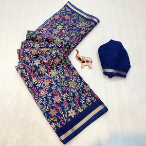 Navy Blue Kashmiri Inspired Floral Printed Tussar Silk Saree for Ethnic Occasions