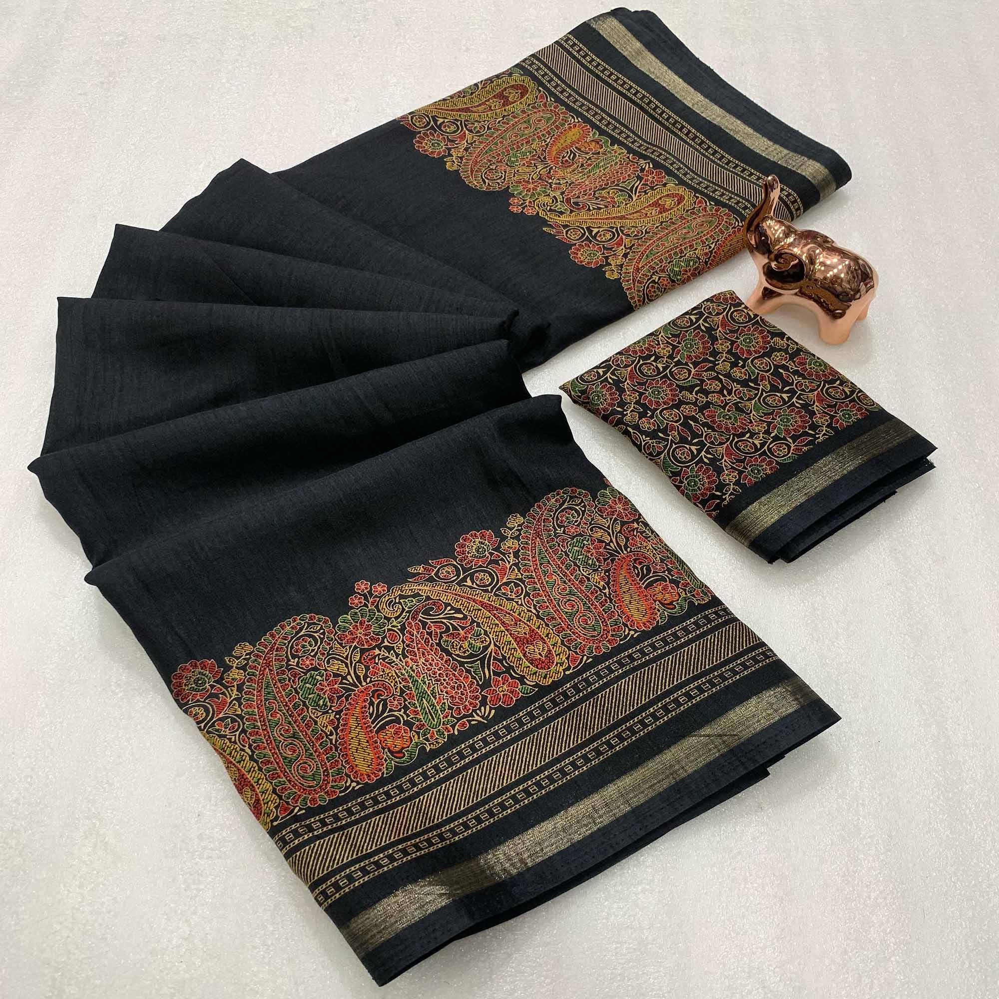 Traditional Black Kashmiri Printed Silk Blend Saree