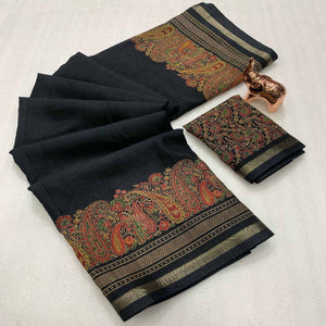 Traditional Black Kashmiri Printed Silk Blend Saree