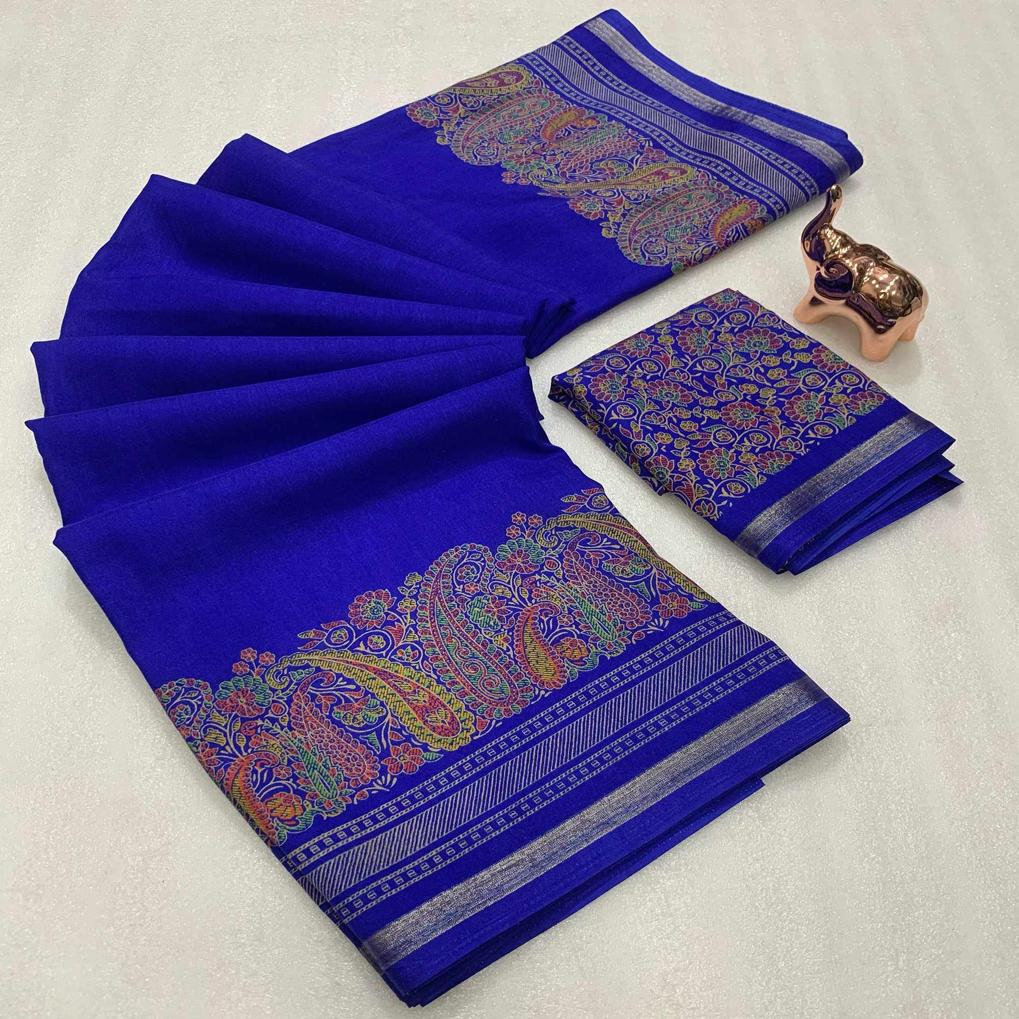 Traditional Blue Kashmiri Printed Silk Blend Saree