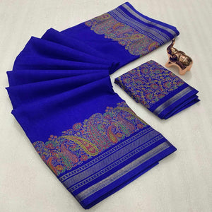 Traditional Blue Kashmiri Printed Silk Blend Saree