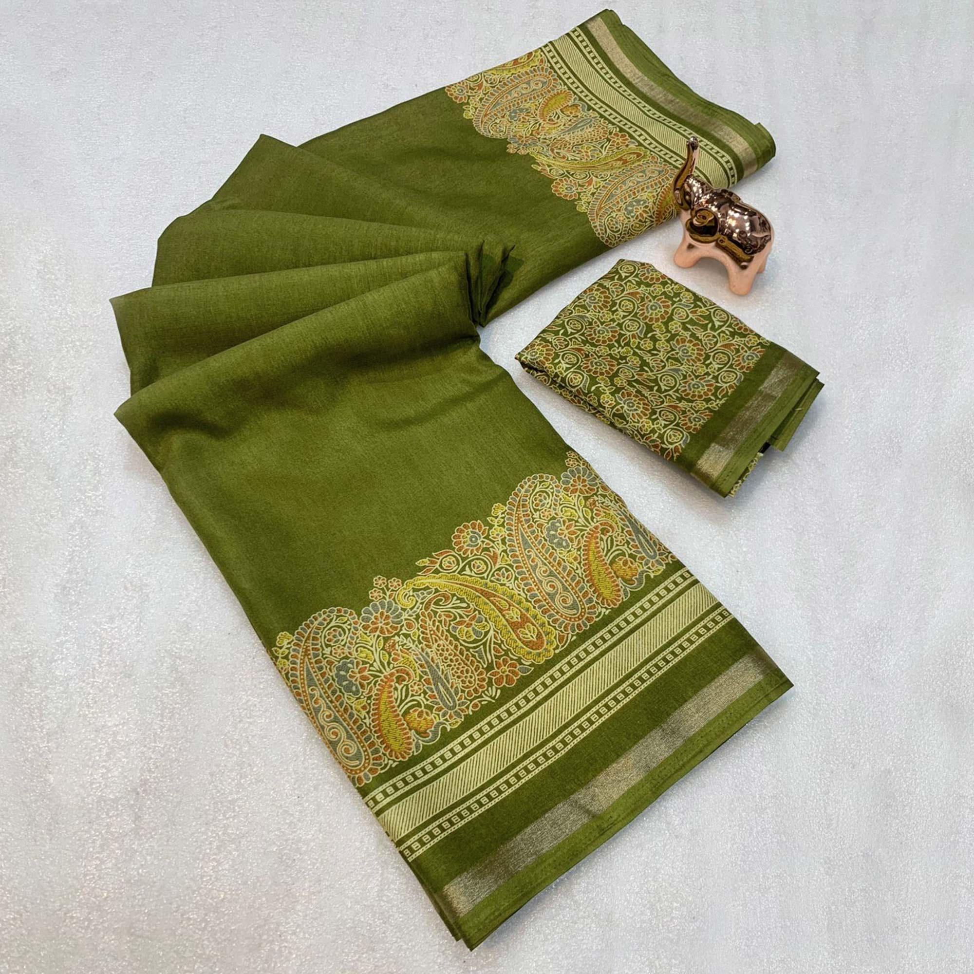 Mehendi Green Silk Blend Saree With Timeless Kashmiri Print Elegance