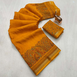 Mustard Silk Blend Saree With Timeless Kashmiri Print Elegance