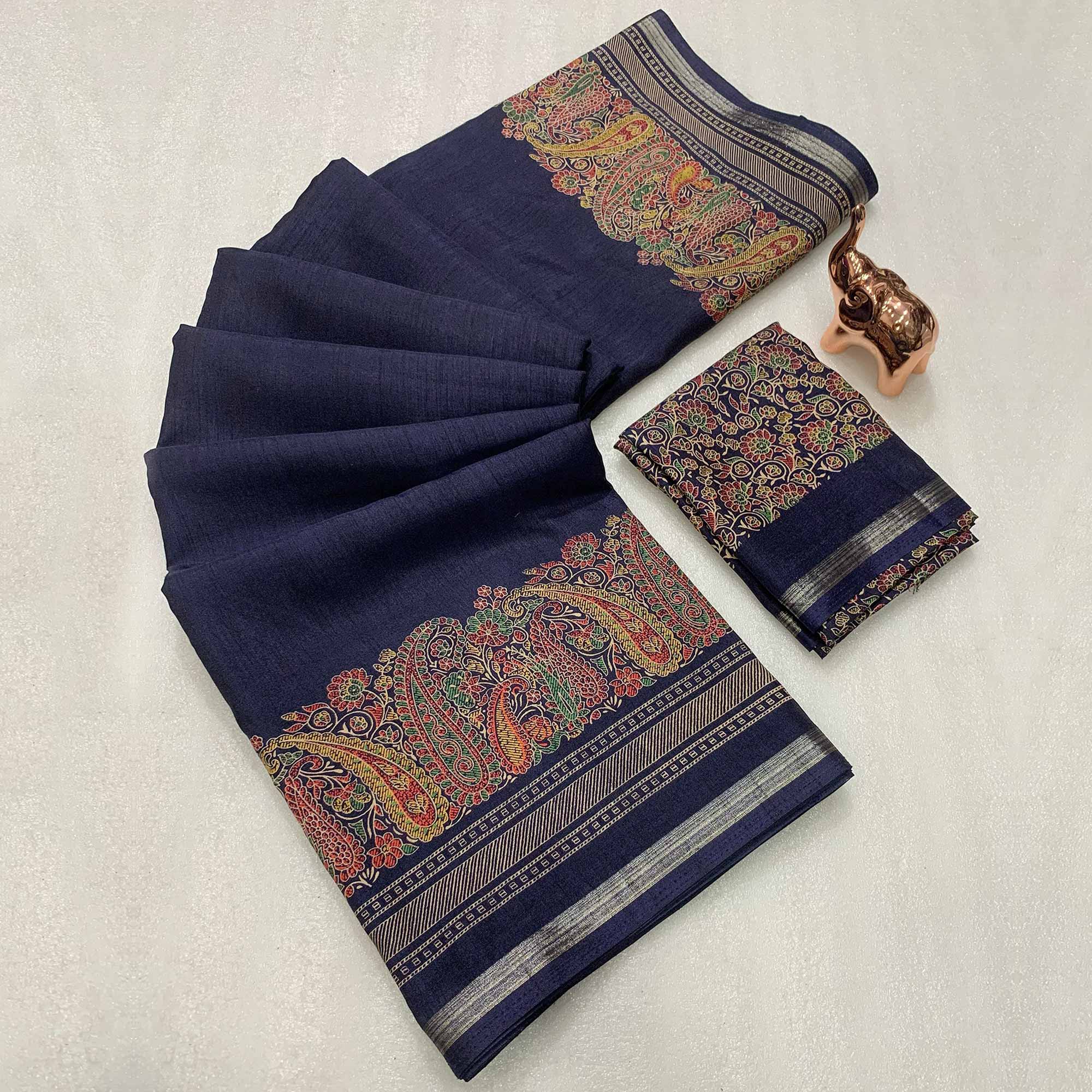 Navy Blue Silk Blend Saree With Timeless Kashmiri Print Elegance