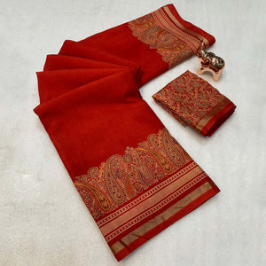 Red Silk Blend Saree With Timeless Kashmiri Print Elegance