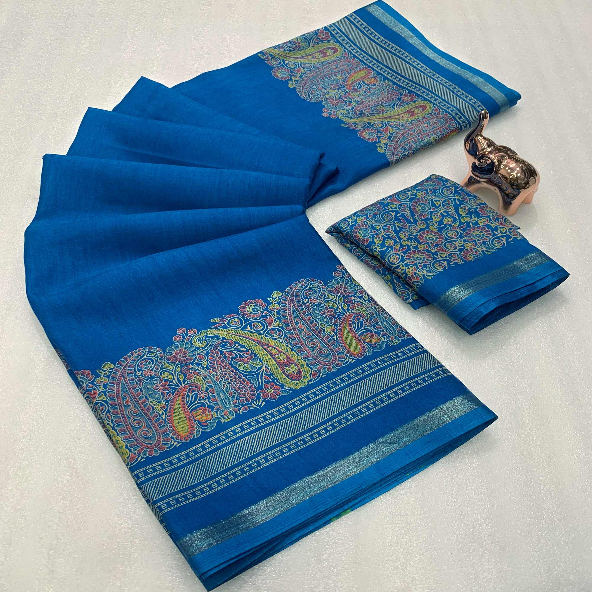 Traditional Teal Kashmiri Printed Silk Blend Saree