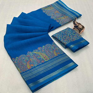 Traditional Teal Kashmiri Printed Silk Blend Saree