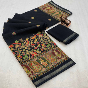 Black Cotton Blend Saree with Ethnic Kashmiri Inspired Paisley Design
