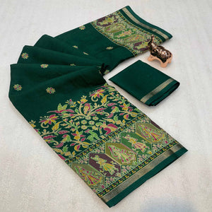 Green Cotton Blend Saree with Ethnic Kashmiri Inspired Paisley Design