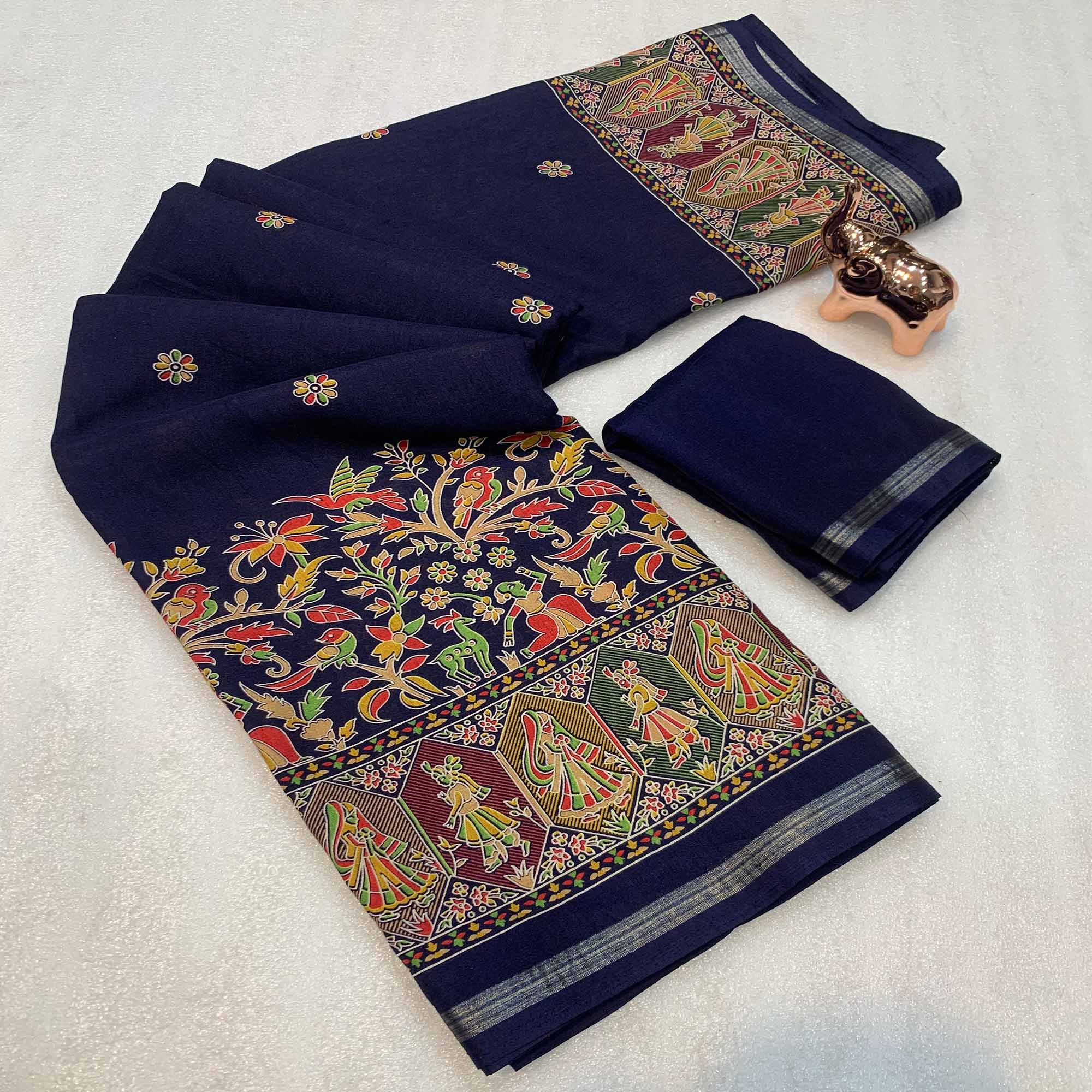 Navy Blue Cotton Blend Saree with Ethnic Kashmiri Inspired Paisley Design