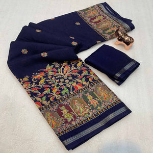 Navy Blue Cotton Blend Saree with Ethnic Kashmiri Inspired Paisley Design