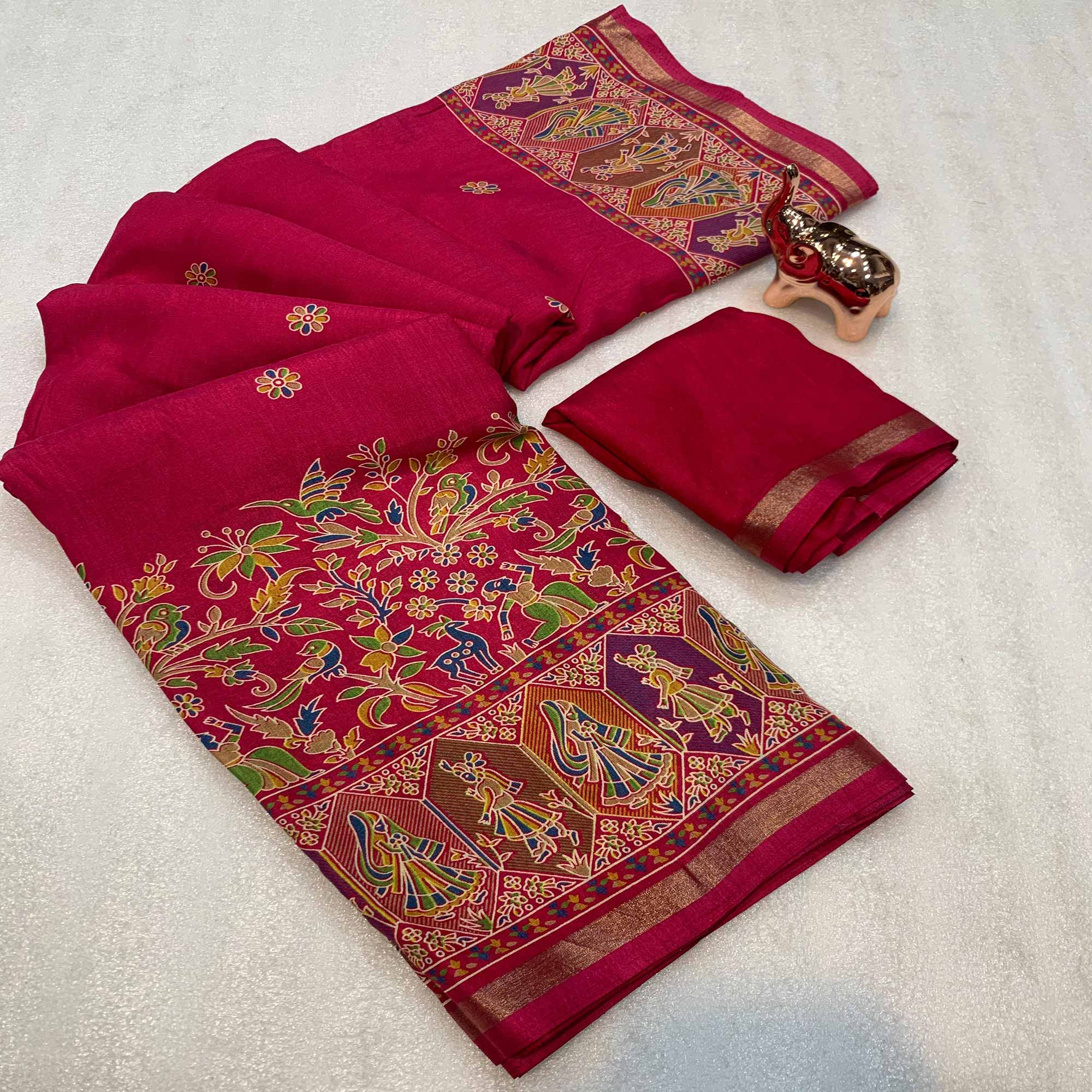 Pink Cotton Blend Saree with Ethnic Kashmiri Inspired Paisley Design