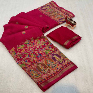 Pink Cotton Blend Saree with Ethnic Kashmiri Inspired Paisley Design