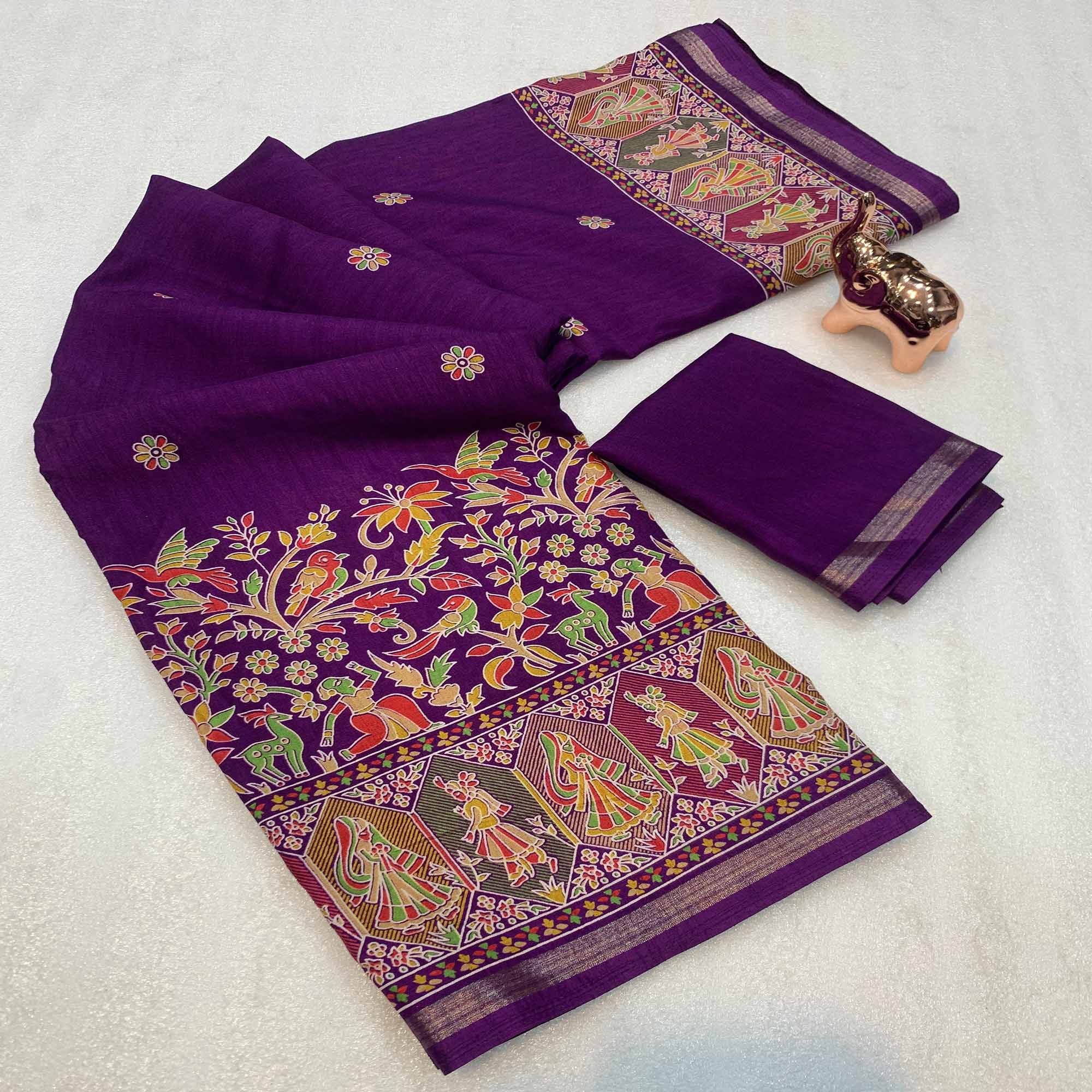 Purple Cotton Blend Saree with Ethnic Kashmiri Inspired Paisley Design
