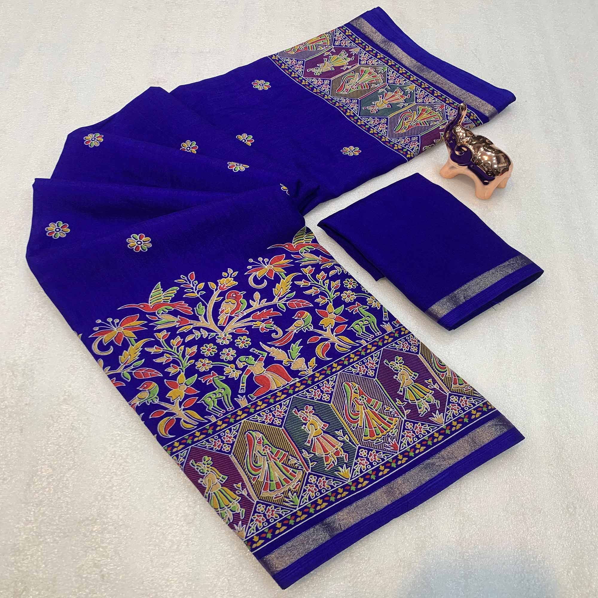Royal Blue Cotton Blend Saree with Ethnic Kashmiri Inspired Paisley Design