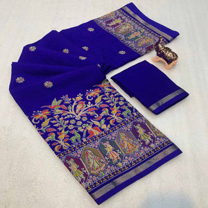 Royal Blue Cotton Blend Saree with Ethnic Kashmiri Inspired Paisley Design