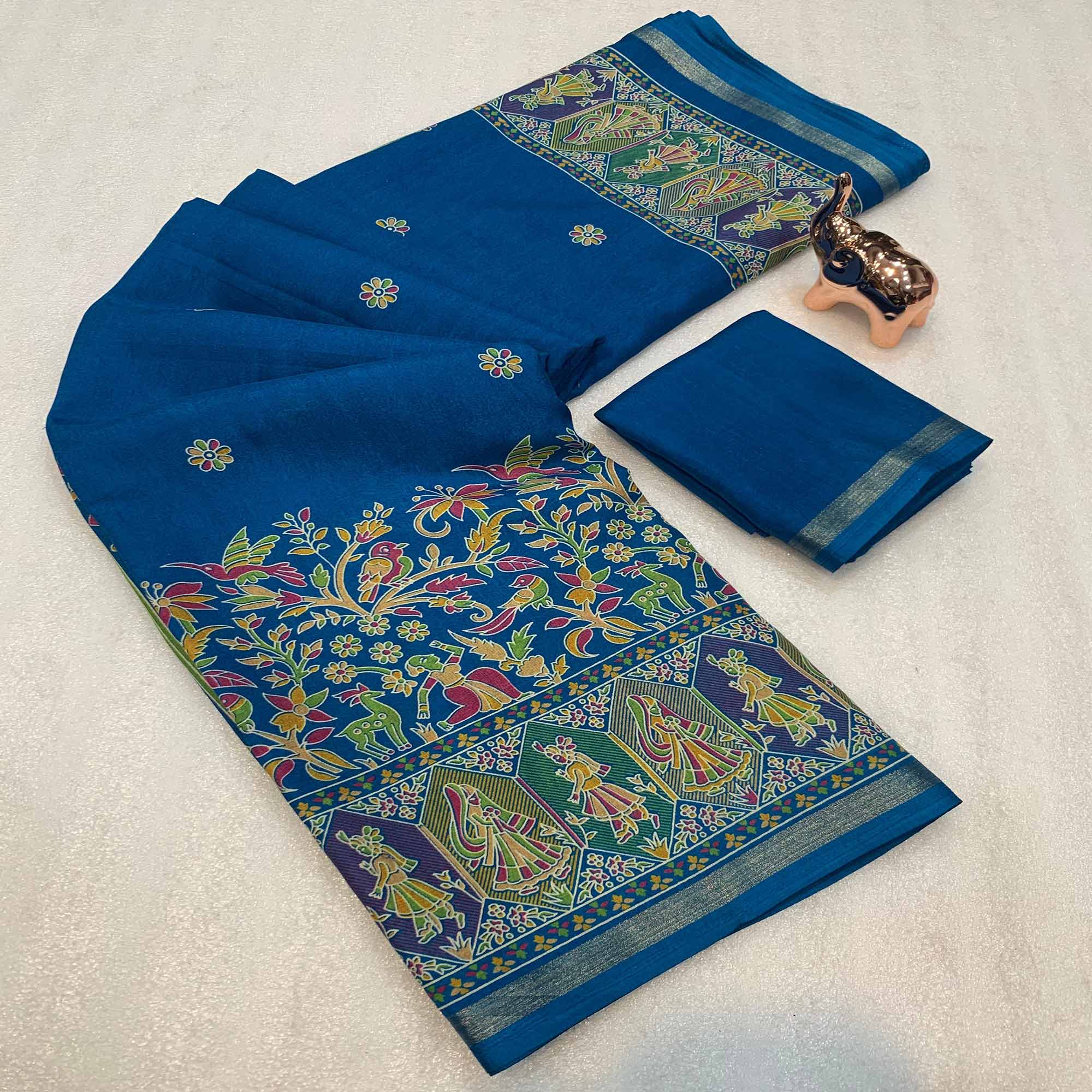 Teal Cotton Blend Saree with Ethnic Kashmiri Inspired Paisley Design