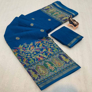 Teal Cotton Blend Saree with Ethnic Kashmiri Inspired Paisley Design