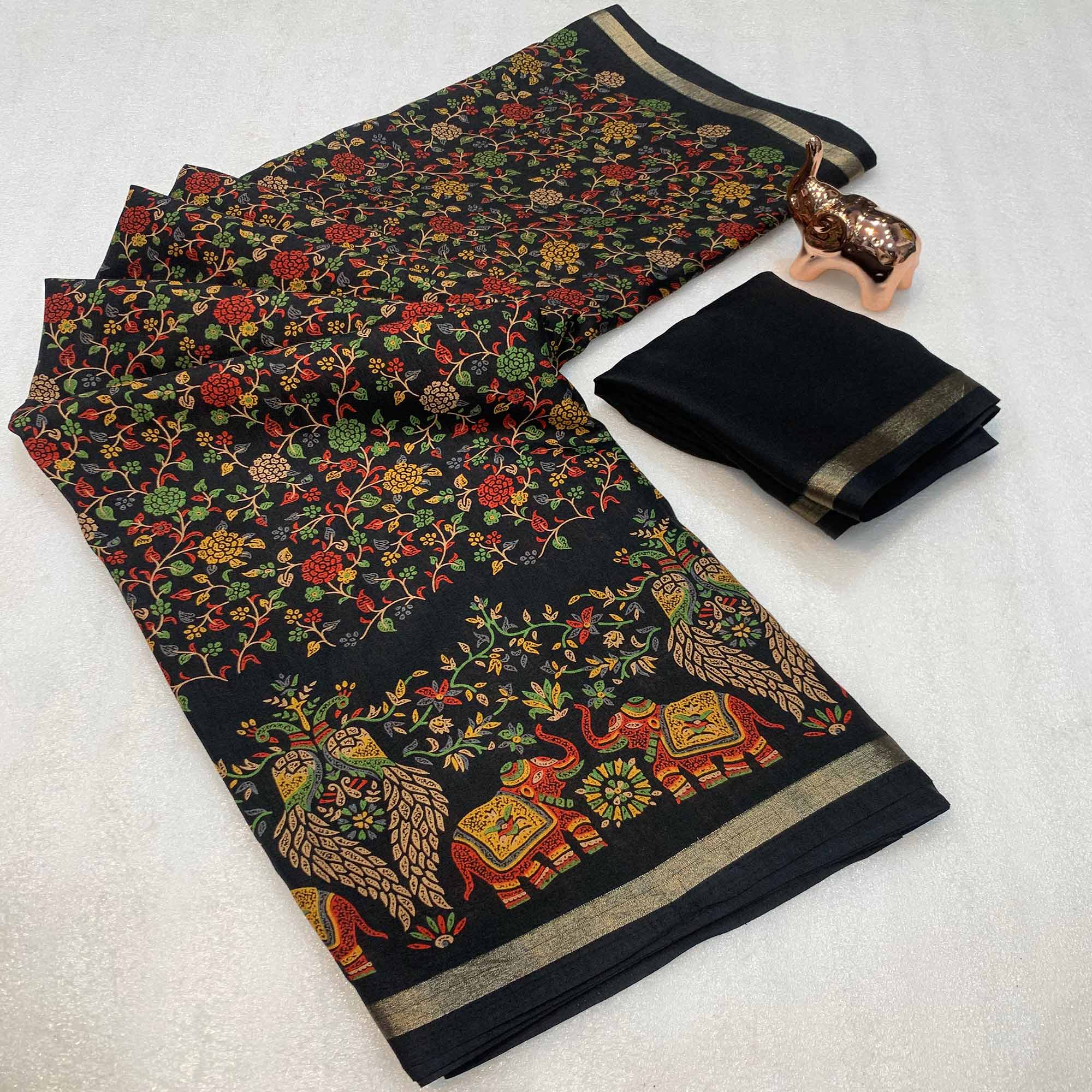 Black Floral Printed Tussar Silk Blend Saree Accentuated With Rich Zari Border Work