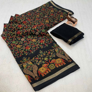 Black Floral Printed Tussar Silk Blend Saree Accentuated With Rich Zari Border Work