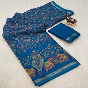 Blue Floral Printed Tussar Silk Blend Saree Accentuated With Rich Zari Border Work